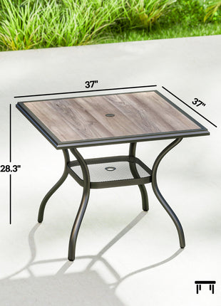 37" Square Outdoor Dining Table for 4, Patio Table with Umbrella Hole, Shelf, Faux Wood Top for Garden, Backyard, Gray