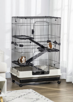 32"L 4-Level Small Animal Cage Rabbit Hutch with Universal Lockable Wheels, Slide-out Tray for Bunny, Chinchillas, Ferret, Black