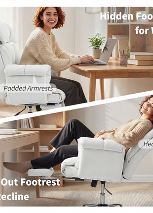 High Back Office Chair, Reclining Desk Chair with Footrest, High Resilience Foam, Rolling Wheels, Cream White