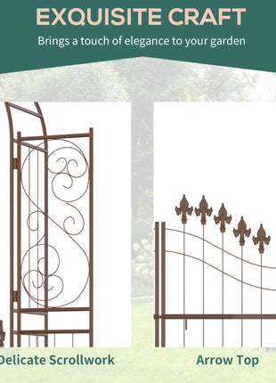 7' Metal Garden Arbor, Garden Arch with Gate, Fleur De Lis Motif, Latching Doors, Planter Shelves for Climbing Vines, Ceremony, Weddings, Party, Garden, Backyard, Lawn, Brown