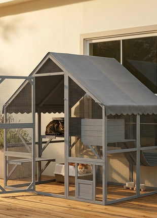 Wooden Catio Outdoor Cat Enclosure with Waterproof Cover, 2 Condos, 4 Platforms, Bridge, Doors, Gray