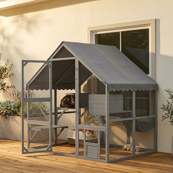 Wooden Catio Outdoor Cat Enclosure with Waterproof Cover, 2 Condos, 4 Platforms, Bridge, Doors, Gray