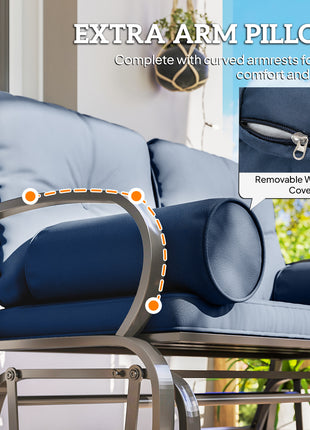 Swing Glider Rocking Chair, Double Patio Bench, 2 Person Loveseat with Steel Frame, Cushions, Pillow Armrests, Blue