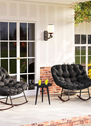 Outdoor Rocking Chair Patio Set of 2, Oversized Rocking Papasan Chairs with Cushions for Garden Porch, 265 lbs., Black