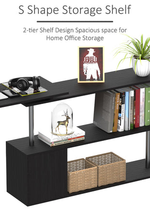 55" 360° Rotating Corner Computer Desk Modern L-Shaped Home Office Workstation with 3-Tier Storage Shelves, Bookshelf, Black
