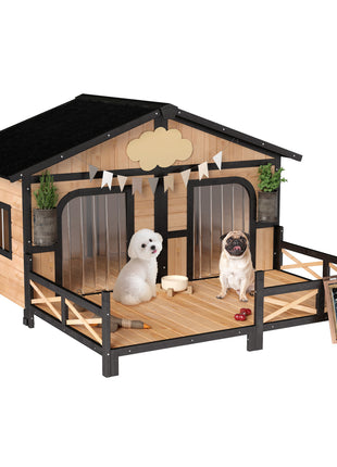 Dog House Outdoor, Wooden Dog Kennel Weatherproof with Porch, Openable Roof, Removable Bottom, Elevated Floor, Double Room for 2 Small to Medium Breeds, Natural