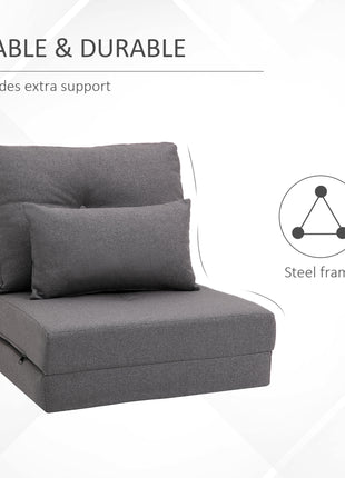 Convertible Flip Chair, Floor Lazy Sofa, Folding Upholstered Couch Bed with Adjustable Backrest, Metal Frame and Pillows for Living Room Bedroom, Dark Gray