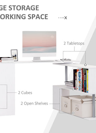55" 360° Rotating Corner Computer Desk Modern L-Shaped Home Office Workstation with 3-Tier Storage Shelves, Bookshelf, White
