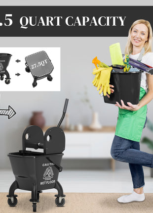 Mop Bucket with Wringer on Wheels for Floor Cleaning, 27.5 Quart Down Press Wringer with Handle and Mop, Black
