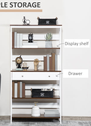 4-Tier Shelving Bookcase Storage Cupboard with Pull Out Drawer, and Wooden Frame with X Bar Stability, White