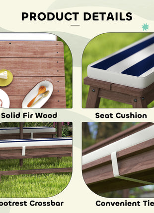 Outdoor Wooden Kids Picnic Table & Bench Set with Cushions and Umbrella, for Patio, Garden, Navy Blue