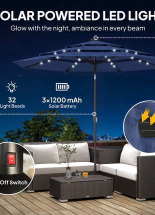 9.7 ft Outdoor Patio Umbrella with Solar LED Lights, 3 Tier Outdoor Table Umbrella with Tilt, Crank, Navy Blue