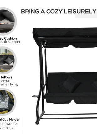 3-Seat Outdoor Patio Swing Chair, Converting Flatbed, Outdoor Swing Glider with Adjustable Canopy, Removable Cushion and Pillows, for Porch, Garden, Poolside, Backyard, Black