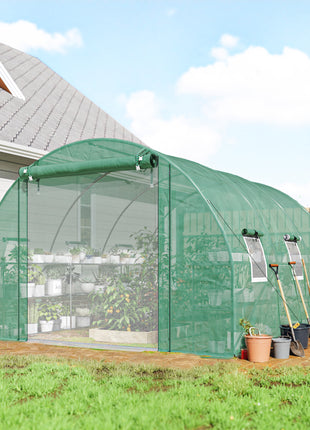 10'x11'x6' Walk-in Tunnel Greenhouse with Shelves, Mesh Door and Windows, Hoop House Greenhouse with PE Cover, Green