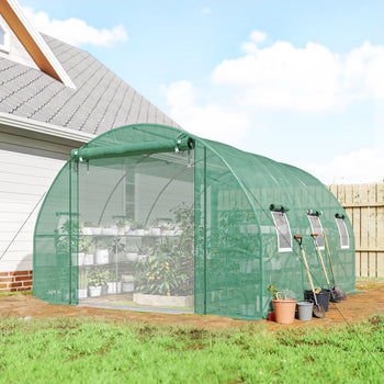 10'x11'x6' Walk-in Tunnel Greenhouse with Shelves, Mesh Door and Windows, Hoop House Greenhouse with PE Cover, Green
