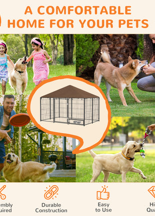 Outside Dog Kennel, 6.9' x 4.6' x 5' Puppy Play Pen with Canopy, Garden Playpen Fence Crate with Rotating Bowl, Black