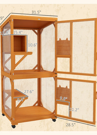 Large Cat House for 1-3 Cats on Wheels Wooden Catio Enclosure Orange