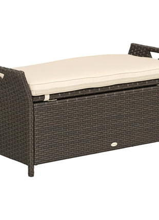 29 Gallon Patio Wicker Storage Bench, Outdoor PE Rattan Furniture, 2-In-1 Large Capacity Rectangle Garden Storage Box with Handles and Cushion, Cream White