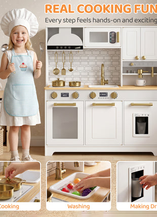 Play Kitchen, Kids Kitchen Playset with Coffee Maker, Ice Maker, Clicking Knobs, Storage, Accessories for 3-8 Years