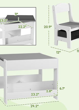 3pc Kids Table and Chair Set with Reversible Tabletop Blackboard, Storage & Bookshelves, Gray