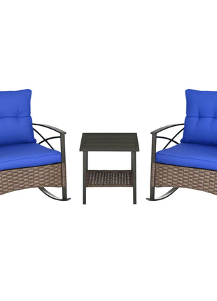 3 Piece Patio Rocking Chair Set, Outdoor Wicker Bistro Set with 2 Oversize Cushioned Porch Rockers and 2 Tier Coffee Table for Garden, Backyard, Blue