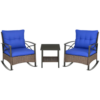 3 Piece Patio Rocking Chair Set, Outdoor Wicker Bistro Set with 2 Oversize Cushioned Porch Rockers and 2 Tier Coffee Table for Garden, Backyard, Blue