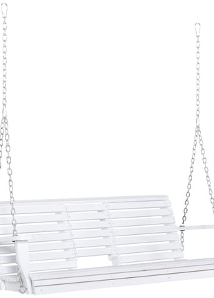 3-Seater Wooden Porch Swing, Patio Swing Bench with Folding Coffee Table, Cup Holders and Chains Included, 440lbs Weight Capacity, White