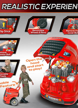 Mechanic Kids Truck Engine Toy Set, Car Service Play Set, Red