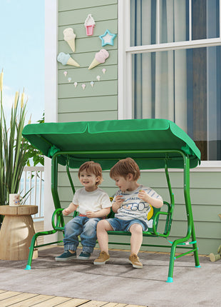 Kids Patio Swing Chair with Adjustable Canopy, Safety Belt for Patio, Garden, Poolside, Balcony, Dark Green