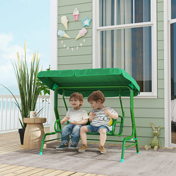 Kids Patio Swing Chair with Adjustable Canopy, Safety Belt for Patio, Garden, Poolside, Balcony, Dark Green