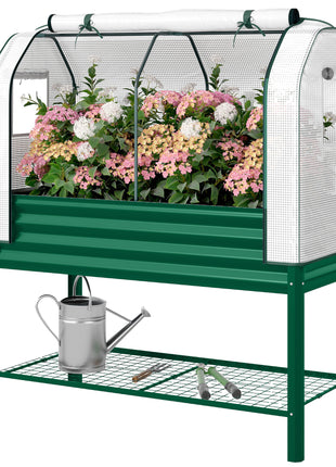 Galvanised Raised Garden Bed with Greenhouse Cover, Metal Elevated Garden Bed with Bed Liner, Bottom Shelf, Green