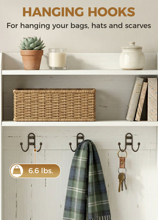 Narrow Hall Tree with Shoe Storage Bench, Rustic Entryway Bench with Coat Rack, Accent Coat Tree with Storage Shelves for Hallway, Mudroom, White Wood Grain