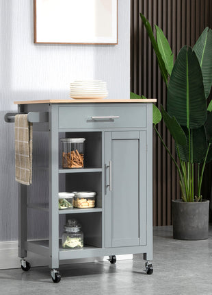 Kitchen Island Cart, Rolling Kitchen Island with Storage Shelf, Solid Wood Top, Drawer, for Dining Room, Gray