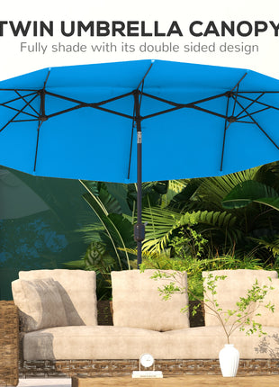Double-sided Patio Umbrella, 9.5' Outdoor Umbrella with Push Button Tilt and Crank, 3 Air Vents and 12 Ribs, Cyan Blue
