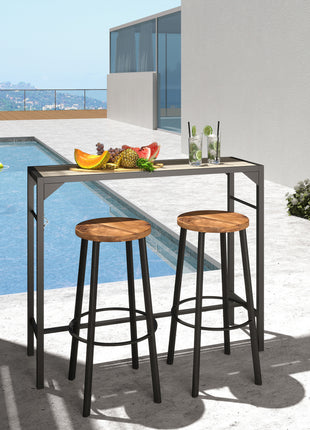 Outdoor Bar Table, Bar Height Patio Bar Table w/ Built-In Bottle Opener, Plastic Top with Wood Grain, 47.25" x 15" x 39"