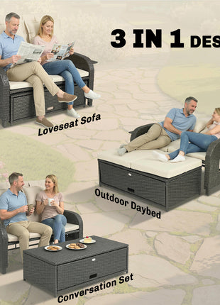 Patio Rattan Daybed, Wicker Outdoor Daybed with Storage Ottoman, Loveseat w/ Adjustable Backrest, Beige
