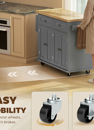 44" Mobile Kitchen Island Table, Kitchen Island Cart on Wheels with Storage Cabinets, 2 Drawers, Gray