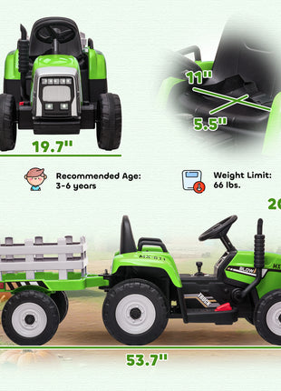 12V Ride on Tractor with Trailer, 25W Dual Motors, Battery Powered Electric Tractor with Remote Control, Music Startup Sound and Horn, LED Lights, Green