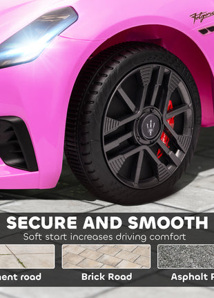 Maserati Gran Turismo Licensed 12V Kids Electric Car w/ Remote Control, Soft Start, LED Lights, Music, Horn, Pink