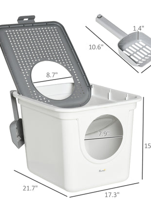 Covered Cat Litter Box, Easy Cleaning Kitty Litter Box with Front Entrance, Top Exit, Scoop, for Odor Control, White