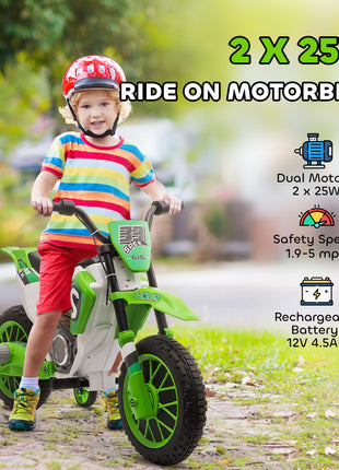 12V Kids Motorcycle w/ Treaded Tires, 5mph Top Speed Electric Bike for Kids, Ride On Motorcycle w/ Training Wheels, Battery Charger, Spring Suspension, Green
