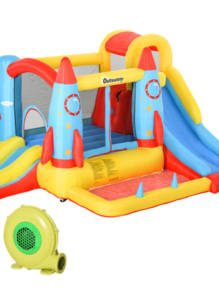 Kids Bounce House, 4-in-1 Rocket Inflatable Water Slide Jumping Castle with 2 Slides, Climbing Wall, Trampoline, & Water Pool Area, Air Blower
