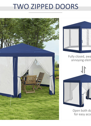 13' x 11' Outdoor Party Tent, Hexagon Sun Shade Shelter Canopy w/ Protective Mesh Screen Sidewalls, Ropes & Stakes, Blue
