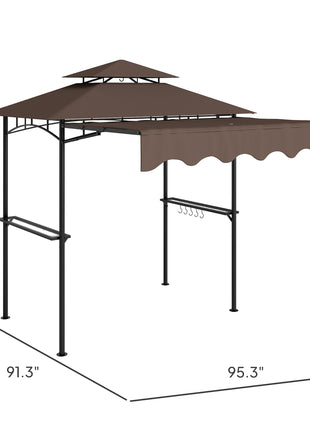 8' x 7.6' Outdoor Grill Gazebo, Barbecue Gazebo Shelter with Side Awning, 2 Side Shelves and 6 Hooks, Brown