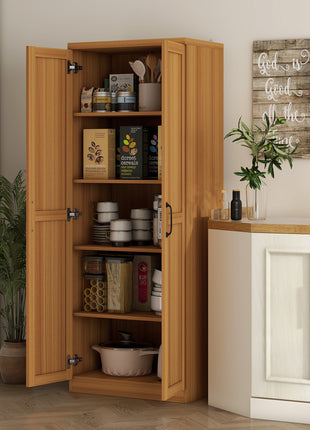 63" 2-Door Kitchen Pantry, Freestanding Cabinet with 2 Adjustable Shelves for Dining Room, Cinnamon Teak Wood Grain