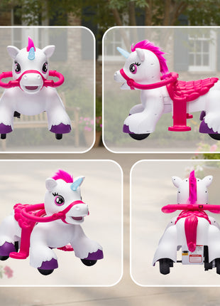 12V Unicorn Ride on Horse with Carrot Toy, Comb, Animal Sounds, for Girls Boys Aged 1.5-3 Years Old