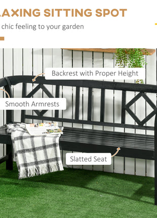 Wooden Patio Bench, Outdoor Garden Bench with Backrest and Armrests, 3 Person Porch Bench with Rustic Country Diamond Pattern, Black