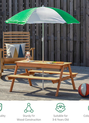 Kids 3 in 1 Sand and Water Table, Wooden Outdoor Convertible Picnic Table with Umbrella and Storage Inside, Bench Backyard Furniture for Garden, Patio, or Balcony