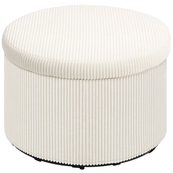 24 Inches Round Storage Ottoman Stool with Lid, Upholstered Corduroy Foot Rest for Living Room, Bedroom, Beige