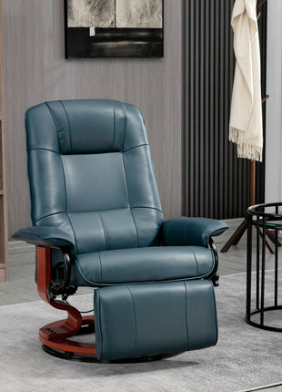 Faux Leather Manual Recliner, Adjustable Swivel Lounge Chair with Footrest, Armrest and Wrapped Wood Base for Living Room, Blue